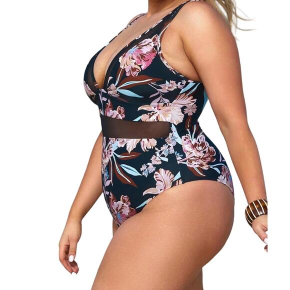 NWT Cupshe Womens Plus Size V Neck Mesh Sheer One Piece Swimsuit Black Size 2X - Picture 3 of 7